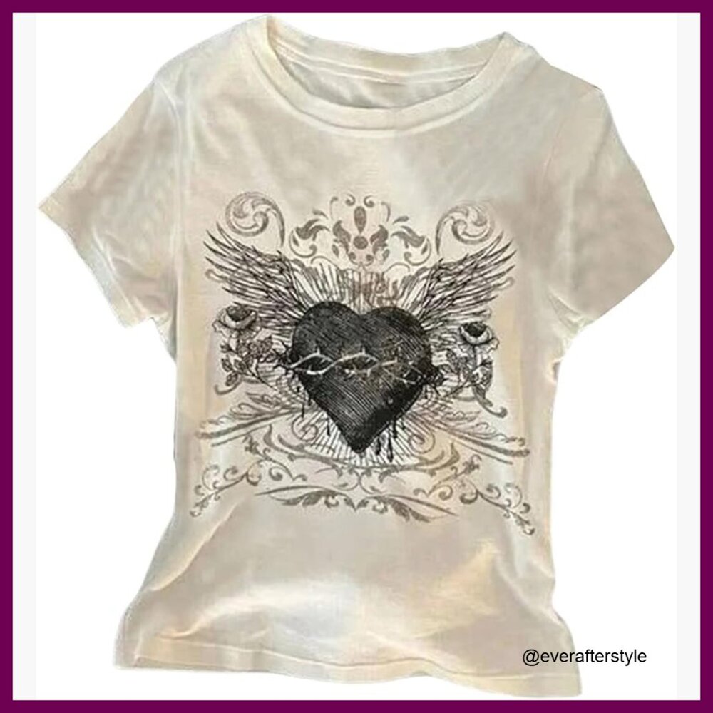 Polyester Elastane Graphic Tee Heart Print Crop T… - image 1